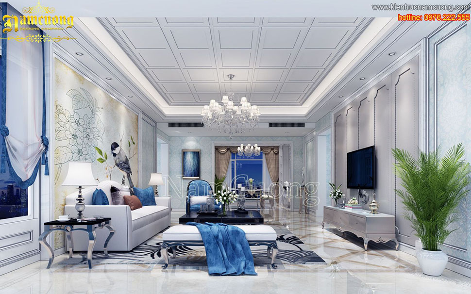 Thiết kế nội thất phòng khách cổ điển gam màu xanh ấn tượng - NTPKX 002