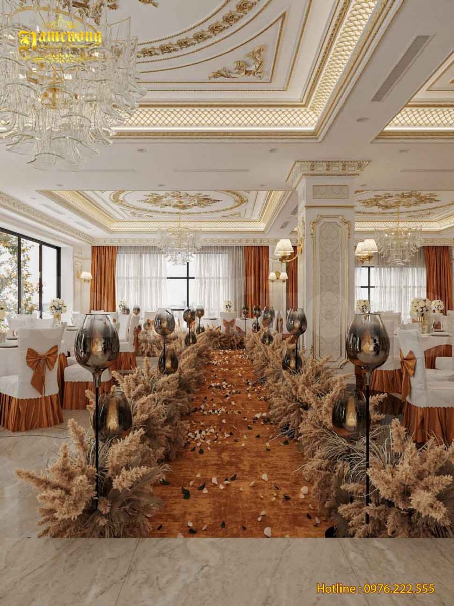 Mẫu thiết kế nội thất nhà hàng tiệc cưới dát vàng tại Hải Phòng