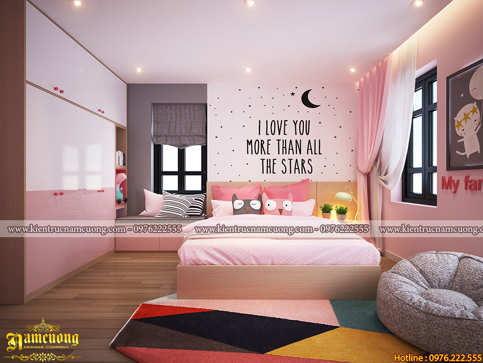 nội thất phòng ngủ màu hồng biệt thự hiện đại 3 tầng