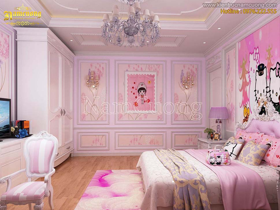 nội thất phòng ngủ biệt thự màu hồng