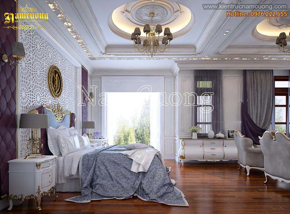 thiết kế phòng ngủ màu tím biệt thự