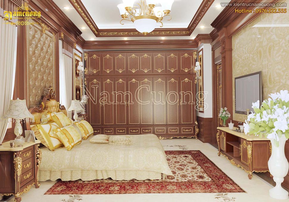 phòng ngủ với tường ốp gỗ cao cấp