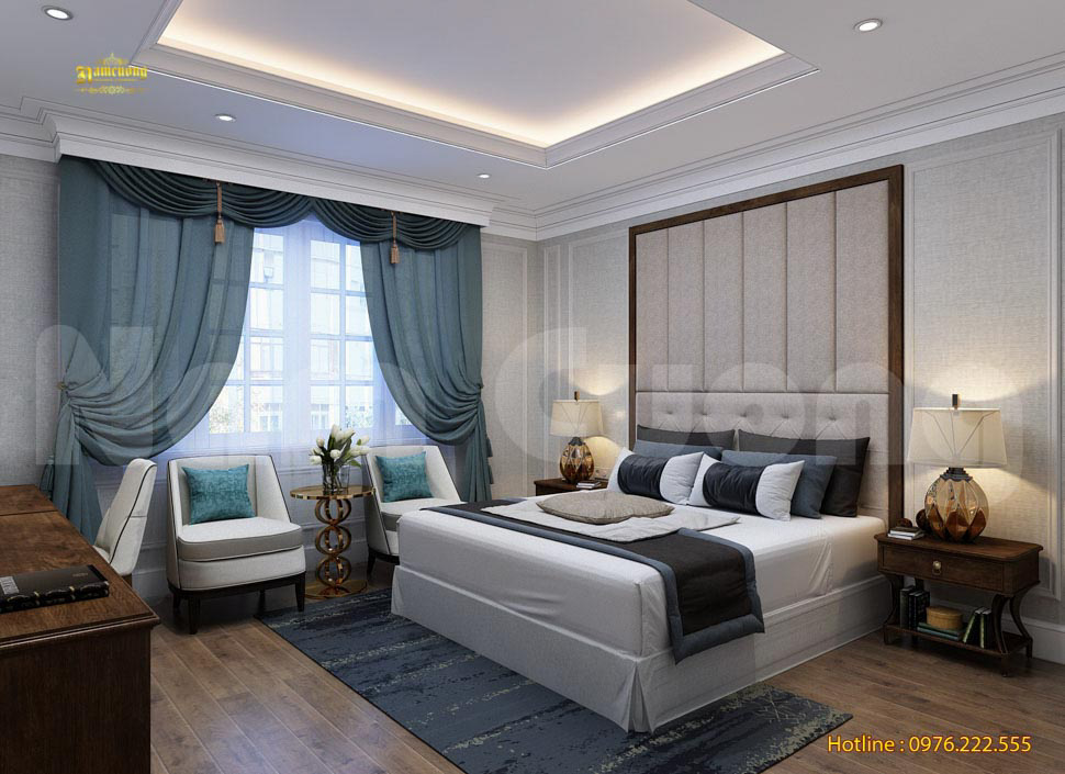 Không gian phòng ngủ được thiết kế đơn giản, trang nhã với đầy đủ tiện nghi