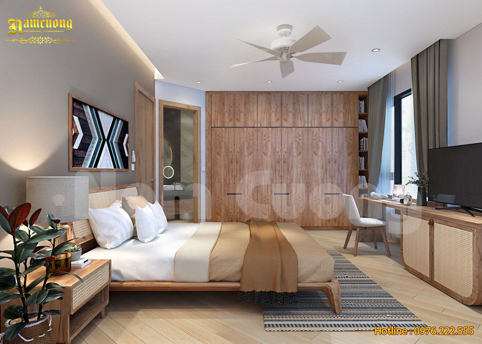 Không gian phòng ngủ được thiết kế vô cùng ấn tượng với sự kết hợp hài hòa của 2 tông màu như trắng và nâu sáng, tạo cảm giác dễ chịu và thư thái cho mắt nhìn