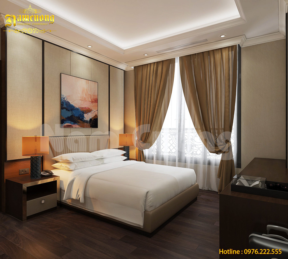 Không gian phòng ngủ khách sạn ấm áp và bình yên nhờ sự phối hợp màu sắc khéo léo của kiến trúc sư