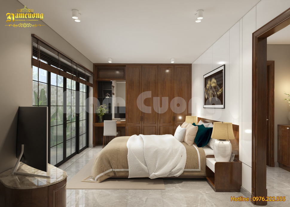 Không gian phòng ngủ khách sạn mini được thiết kế với tông màu sáng và khung cửa sổ to rộng, giúp không gian phòng ngủ chan hòa trong ánh sáng 