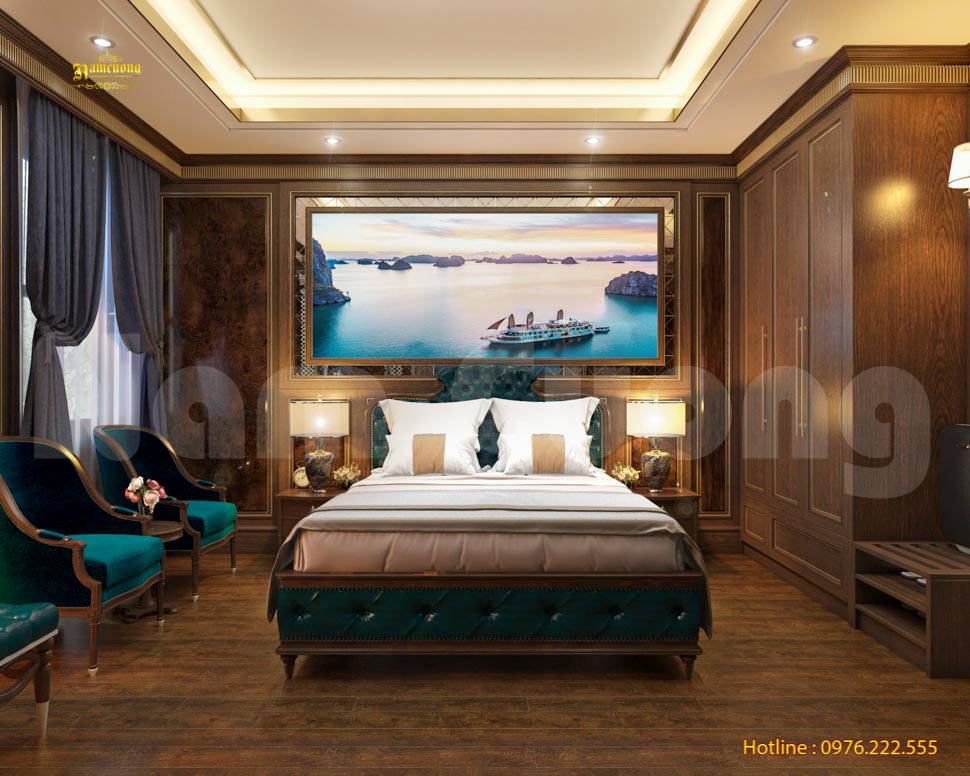 Mẫu thiết kế phòng khách sạn mini đẳng cấp với đồ nội thất được làm từ chất liệu gỗ thân thiện, gần gũi với thiên nhiên.