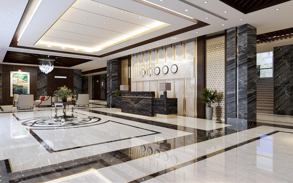 Mẫu thiết kế quầy lễ tân khách sạn nổi bật trong không gian sảnh rộng rãi và đẳng cấp