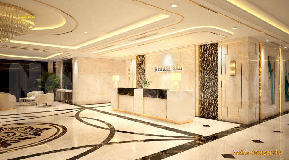 Mẫu thiết kế quầy lễ tân khách sạn với kiểu dáng hình chữ I nằm cân đối trong không gian sảnh rộng lớn